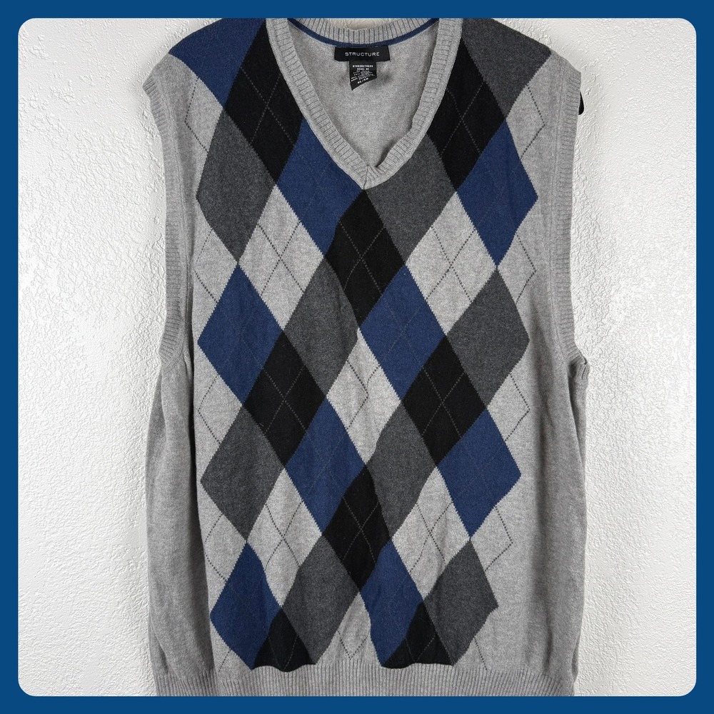 Vintage VTG STRUCTURE Mens XL Argyle Sweater Vest Eclectic Grandpa Preppy Y2K